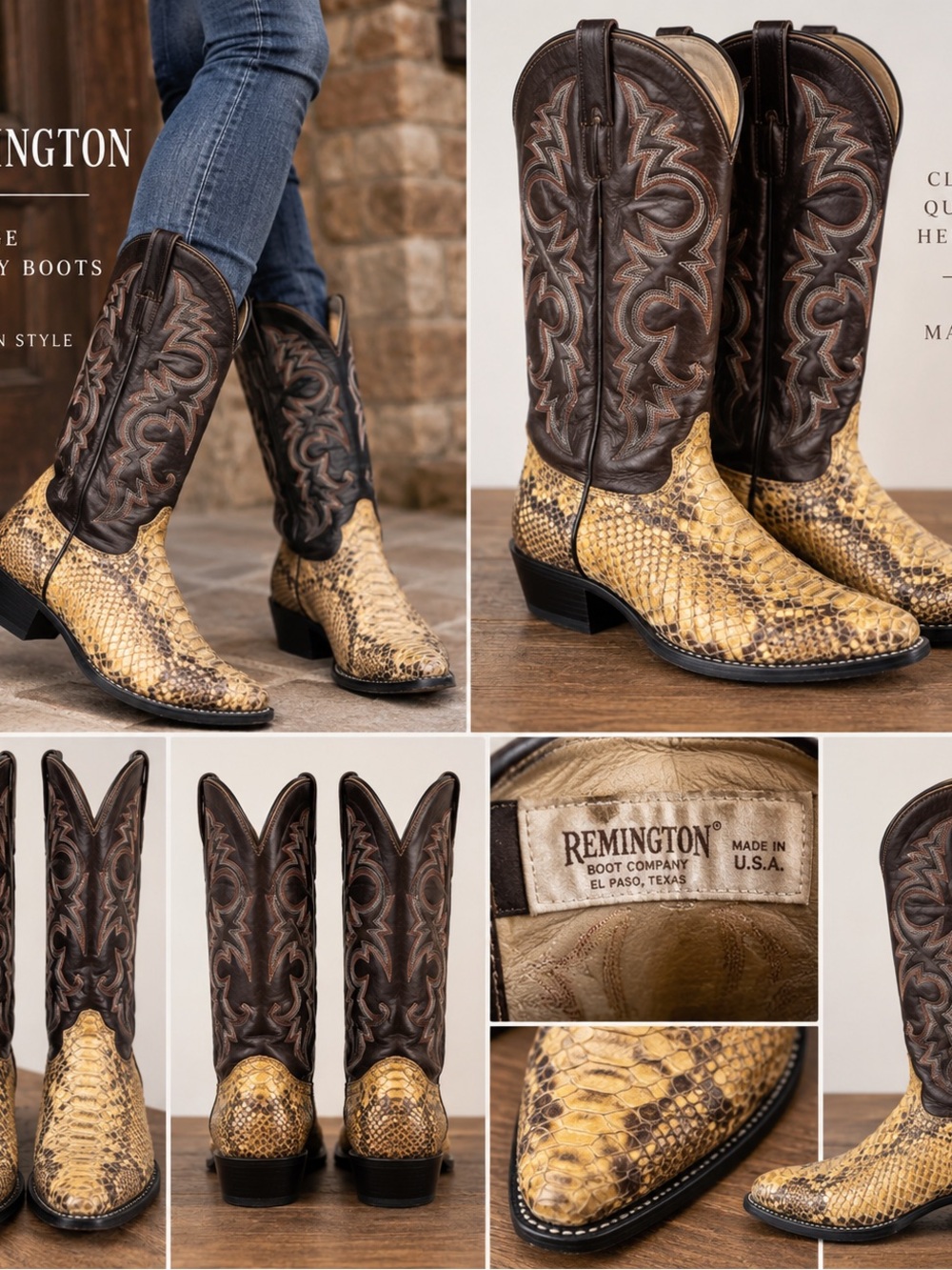 Remington Men’s Yellow Python-Print Western Boots with Dark Brown Shaft